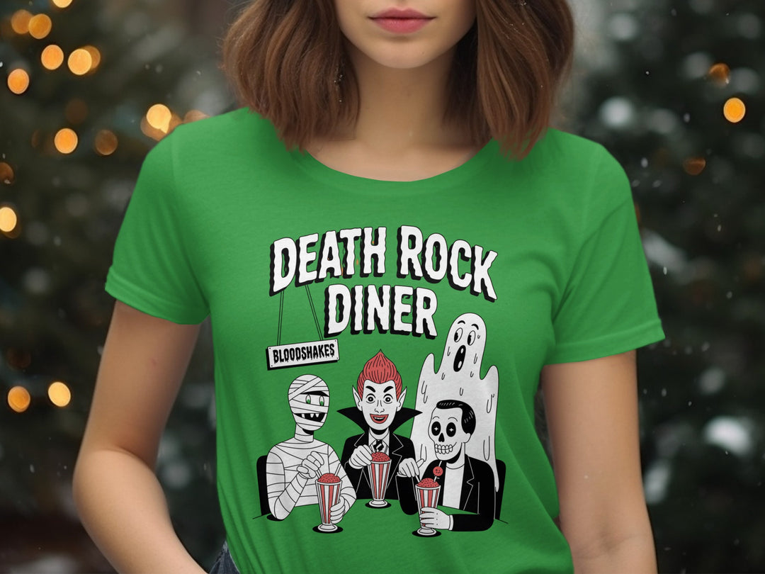 Halloween T-Shirt for Women with Death Rock Diner monsters drinking milkshakes graphic