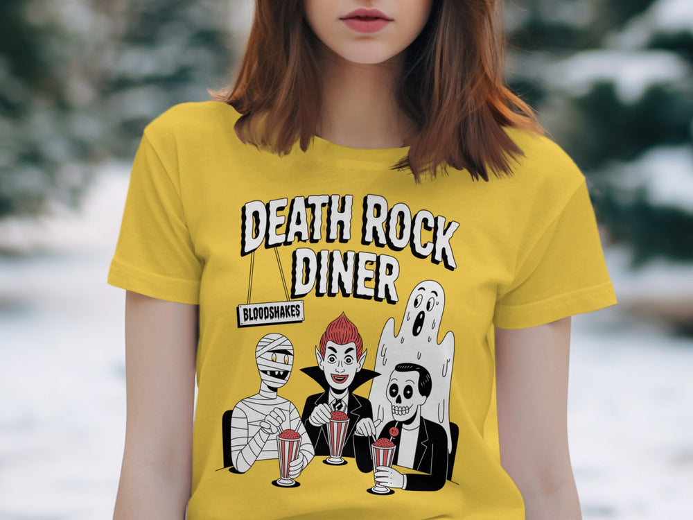 Halloween T-Shirt for Women with Death Rock Diner monsters drinking milkshakes graphic