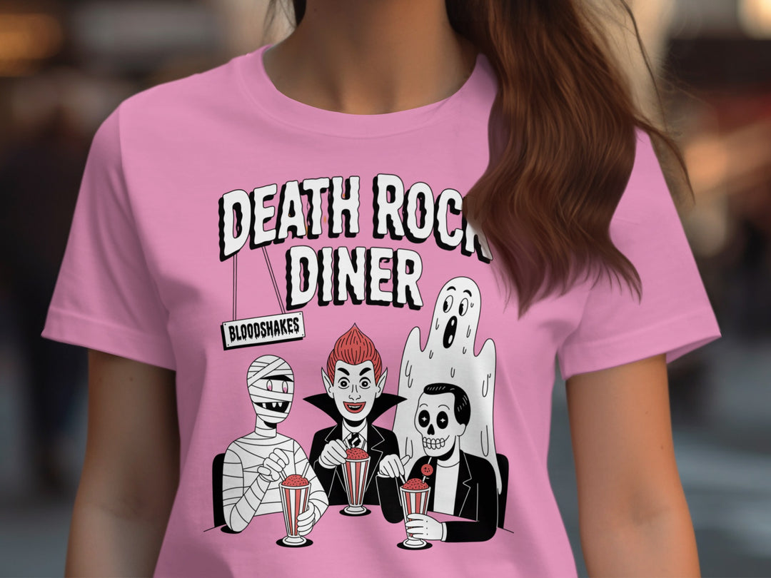 Halloween T-Shirt for Women with Death Rock Diner monsters drinking milkshakes graphic