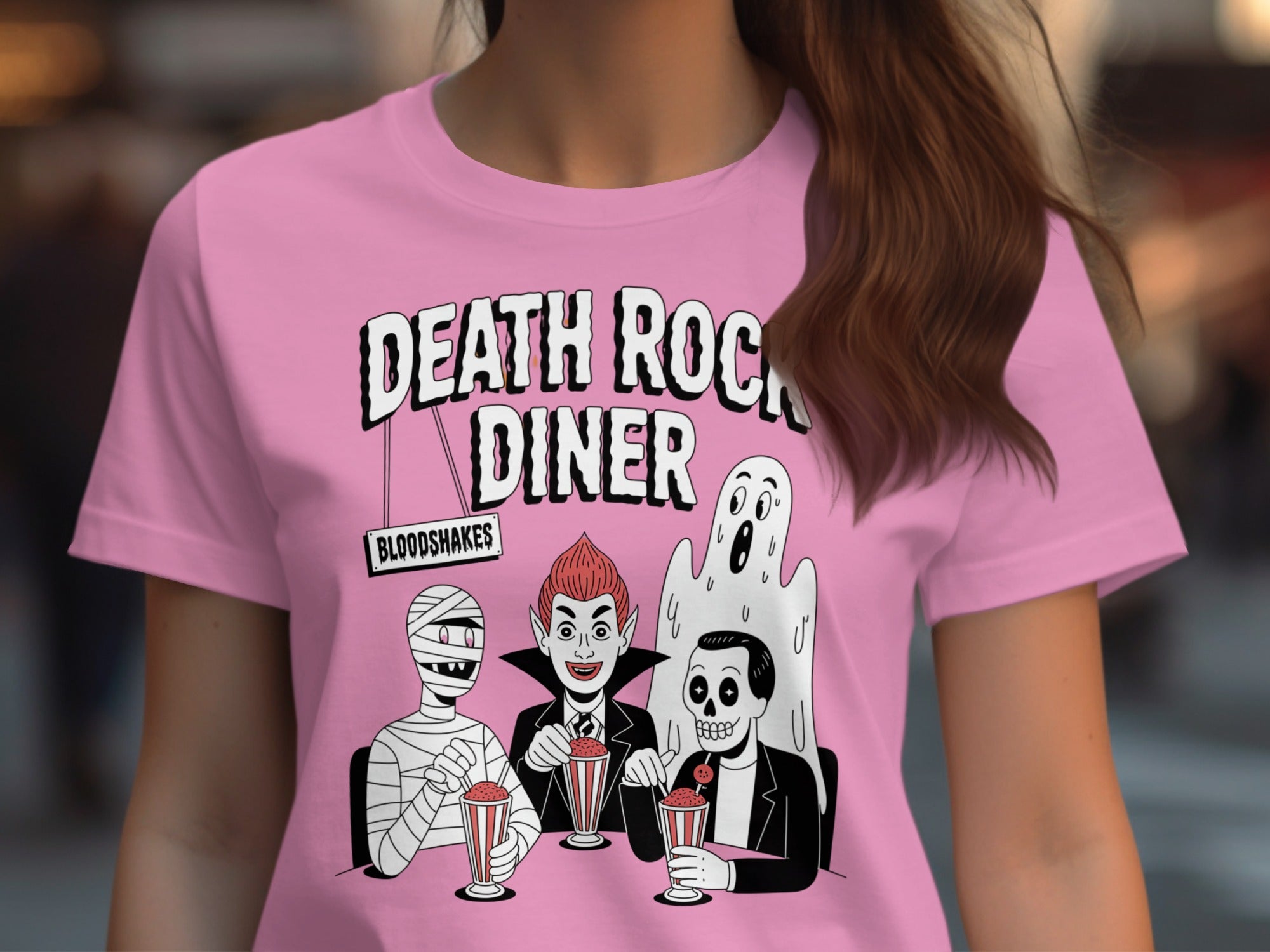 Halloween T-Shirt for Women with Death Rock Diner monsters drinking milkshakes graphic