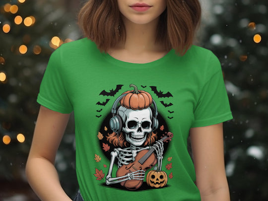 Halloween T-Shirt for Women with pumpkin-headphones skeleton violinist and autumn leaves graphic