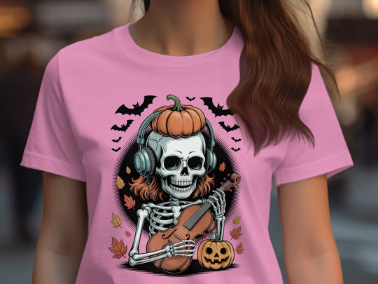 Halloween T-Shirt for Women with pumpkin-headphones skeleton violinist and autumn leaves graphic