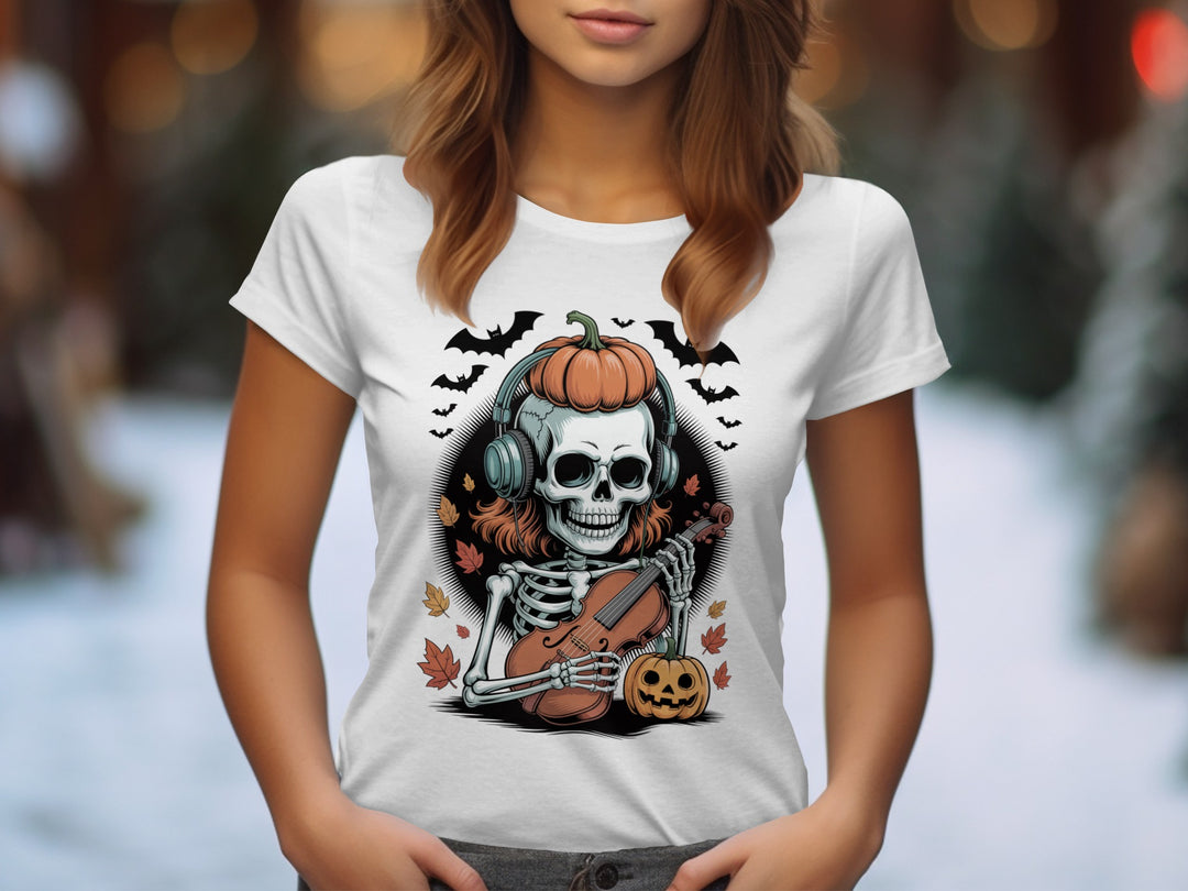 Halloween T-Shirt for Women with pumpkin-headphones skeleton violinist and autumn leaves graphic