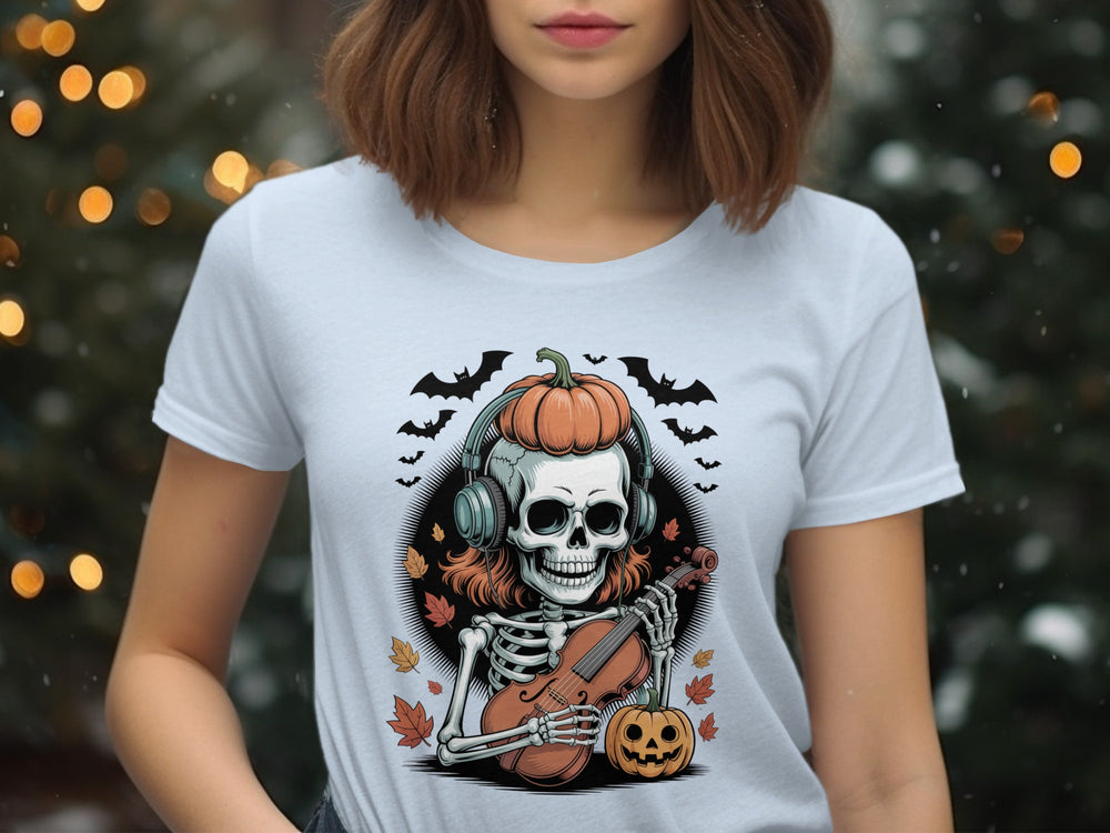 Halloween T-Shirt for Women with pumpkin-headphones skeleton violinist and autumn leaves graphic