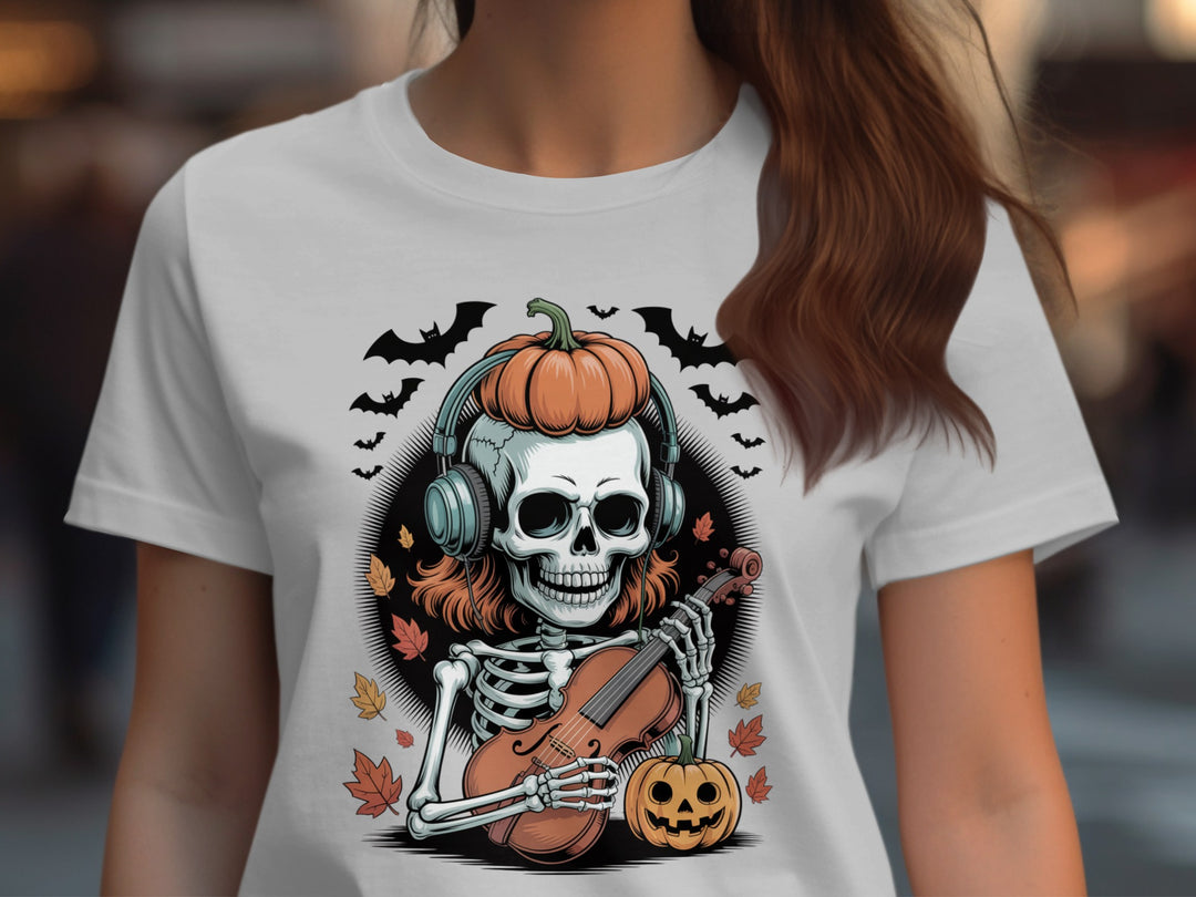 Halloween T-Shirt for Women with pumpkin-headphones skeleton violinist and autumn leaves graphic