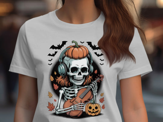 Halloween T-Shirt for Women with pumpkin-headphones skeleton violinist and autumn leaves graphic