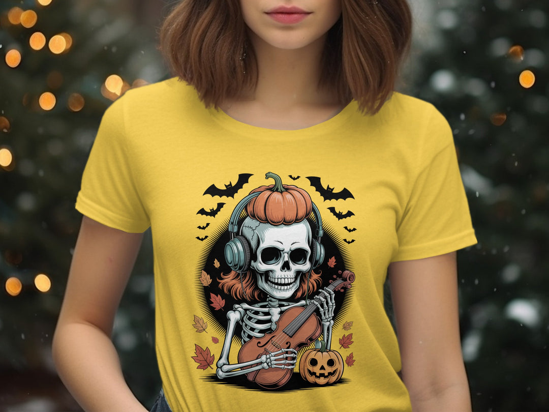 Halloween T-Shirt for Women with pumpkin-headphones skeleton violinist and autumn leaves graphic