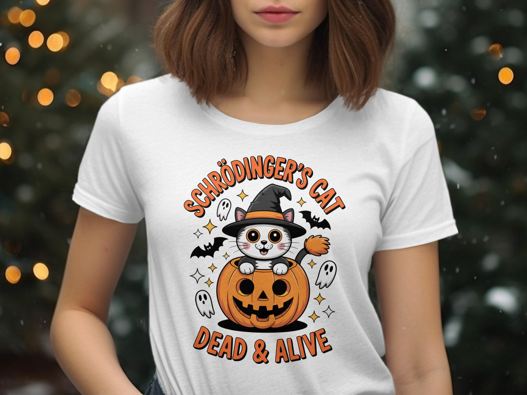 Women’s Halloween T-Shirt with Schrödinger’s Cat in pumpkin and witch hat graphic