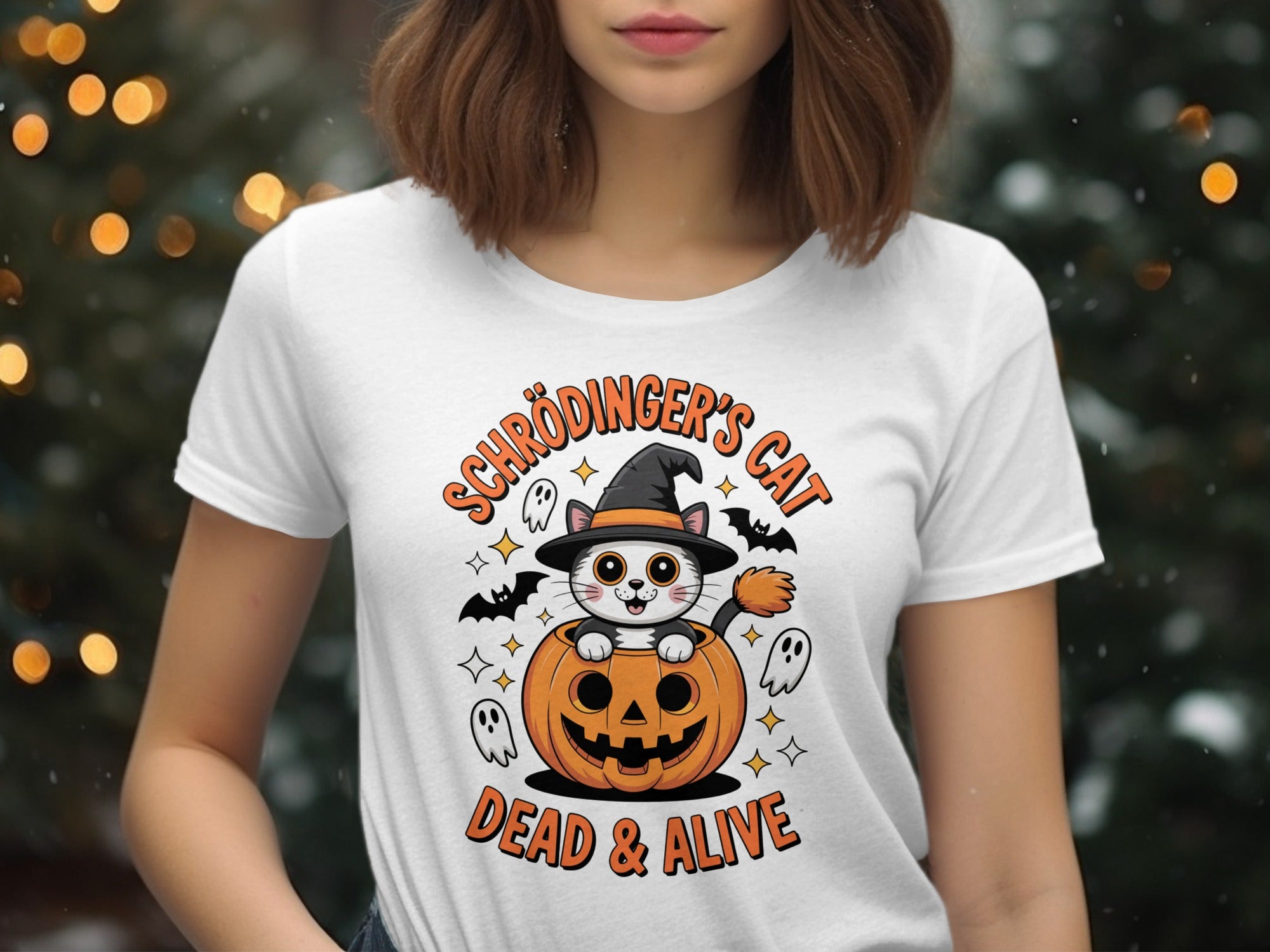 Women’s Halloween T-Shirt with Schrödinger’s Cat in pumpkin and witch hat graphic