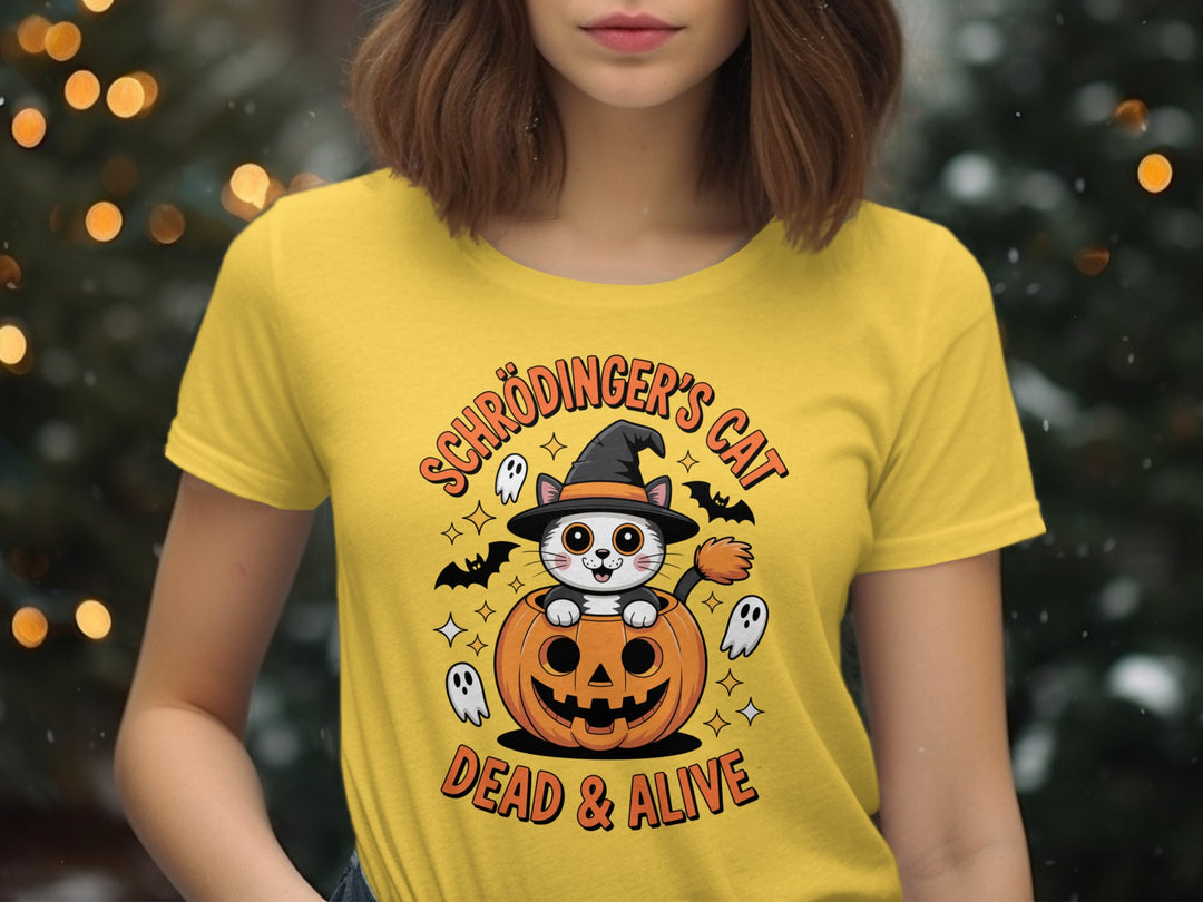 Women’s Halloween T-Shirt with Schrödinger’s Cat in pumpkin and witch hat graphic