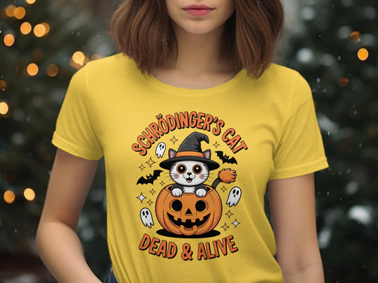 Women’s Halloween T-Shirt with Schrödinger’s Cat in pumpkin and witch hat graphic