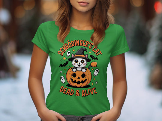 Women’s Halloween T-Shirt with Schrödinger’s Cat in pumpkin and witch hat graphic