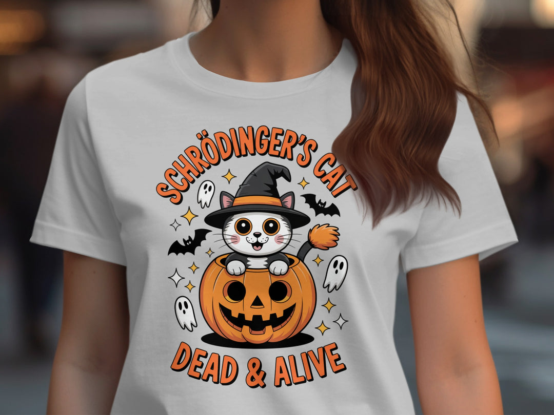 Women’s Halloween T-Shirt with Schrödinger’s Cat in pumpkin and witch hat graphic