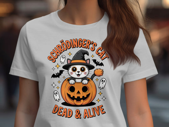 Women’s Halloween T-Shirt with Schrödinger’s Cat in pumpkin and witch hat graphic