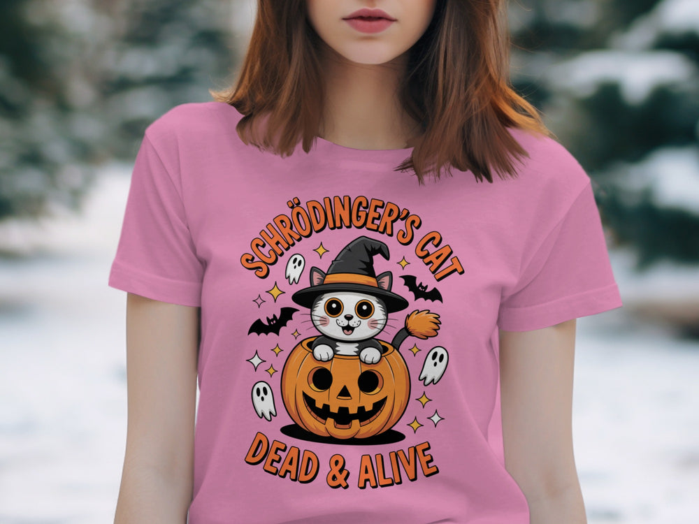 Women’s Halloween T-Shirt with Schrödinger’s Cat in pumpkin and witch hat graphic