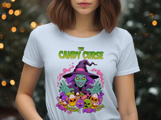 Women’s Halloween T-Shirt with Candy Curse witch and cursed candy graphic