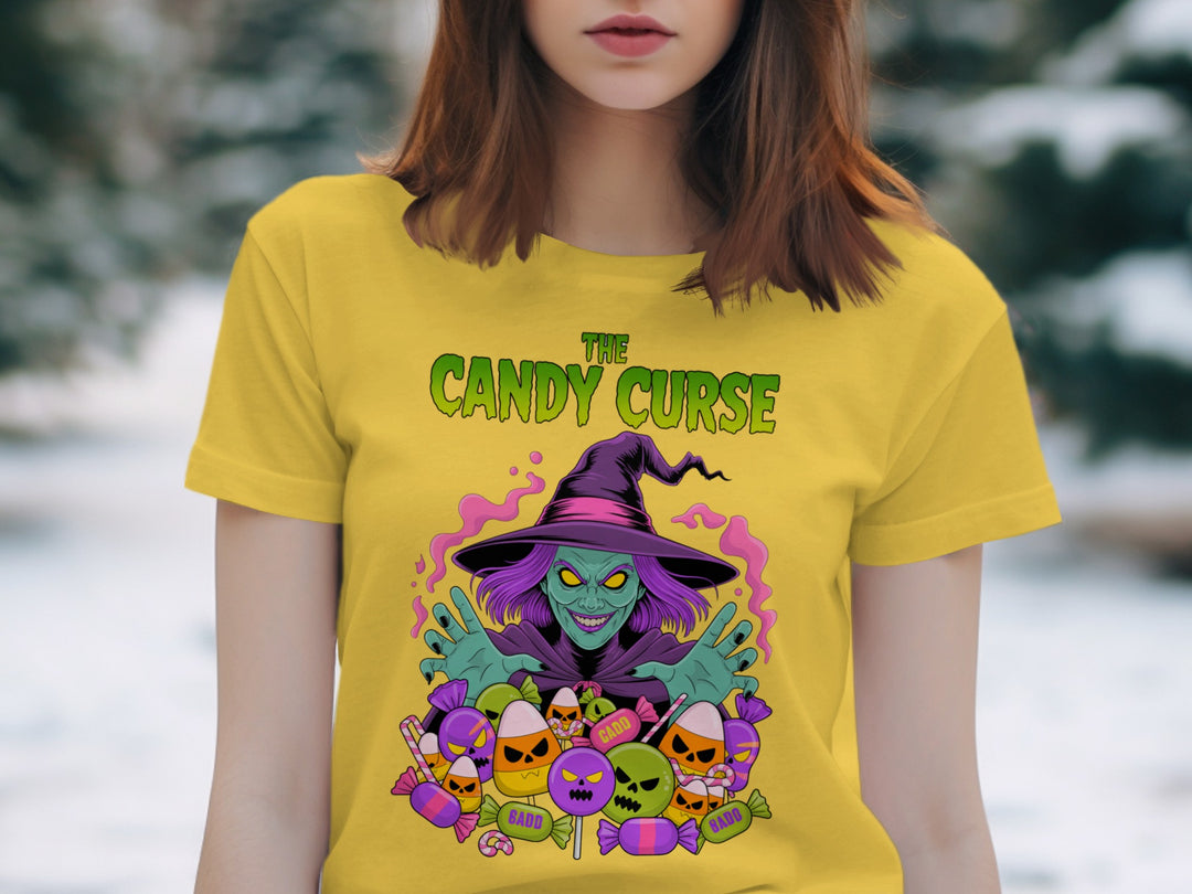 Women’s Halloween T-Shirt with Candy Curse witch and cursed candy graphic