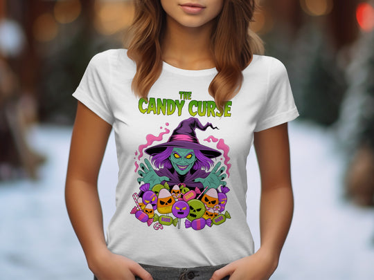 Women’s Halloween T-Shirt with Candy Curse witch and cursed candy graphic