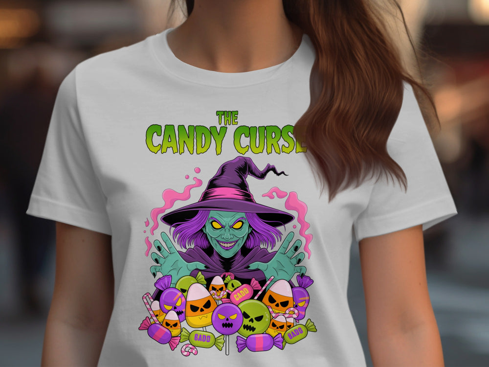 Women’s Halloween T-Shirt with Candy Curse witch and cursed candy graphic
