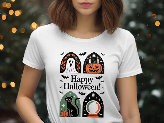 Women’s Halloween T-shirt with paneled ghost, pumpkin, black cat and crystal ball design