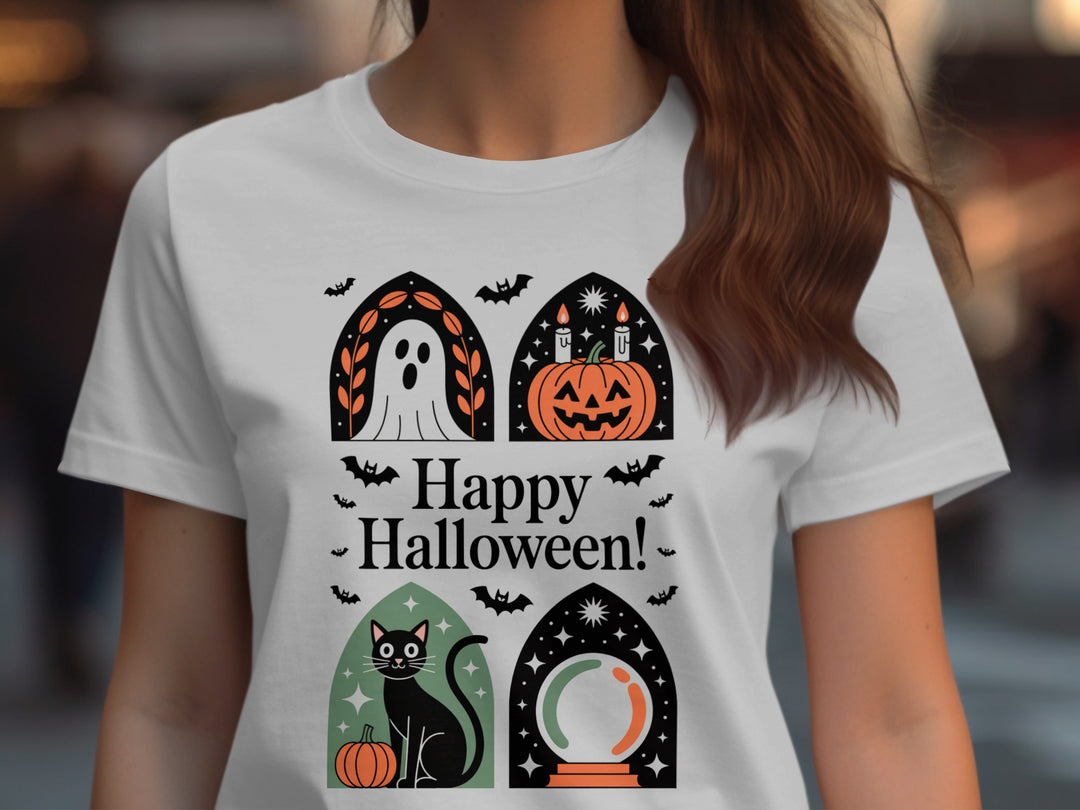 Women’s Halloween T-shirt with paneled ghost, pumpkin, black cat and crystal ball design