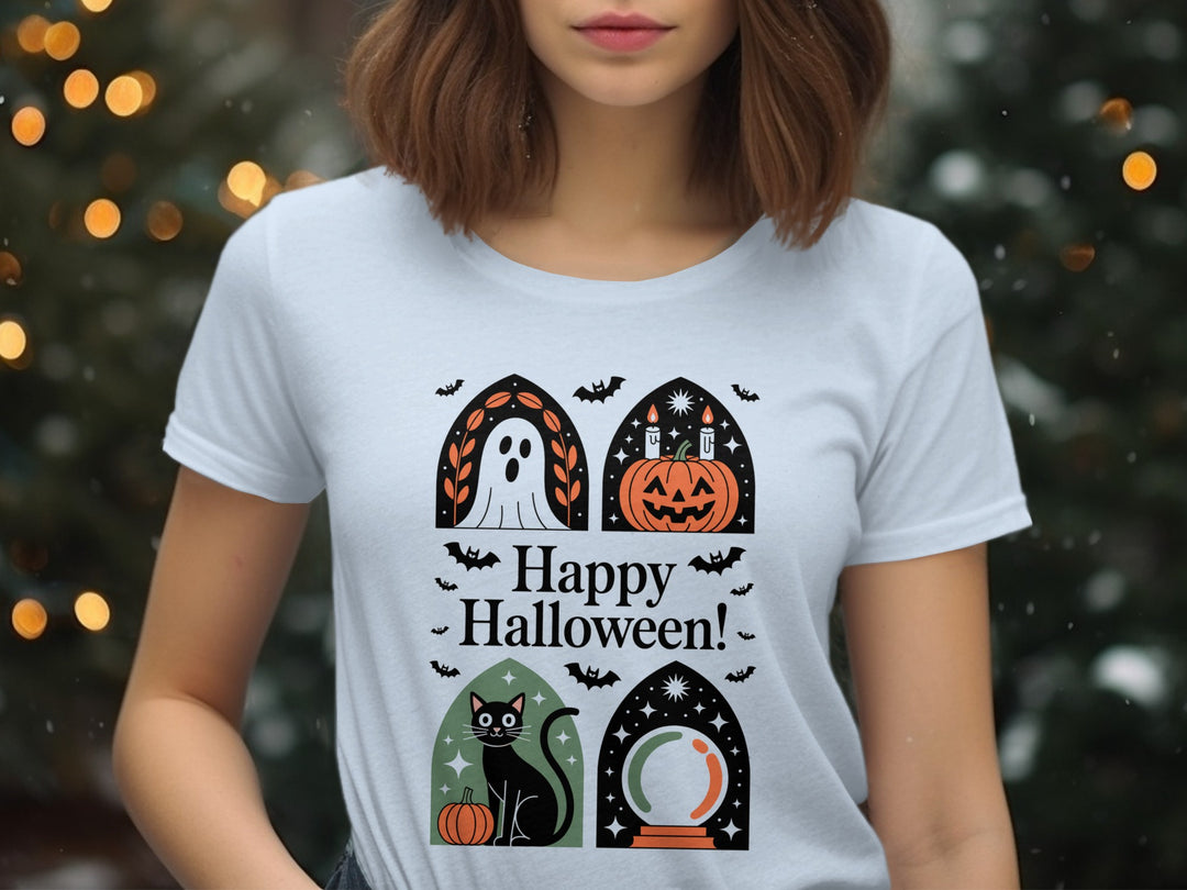 Women’s Halloween T-shirt with paneled ghost, pumpkin, black cat and crystal ball design