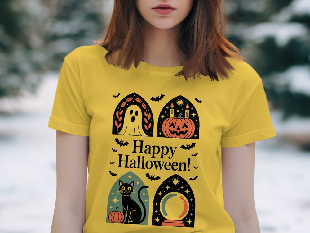 Women’s Halloween T-shirt with paneled ghost, pumpkin, black cat and crystal ball design