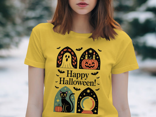 Women’s Halloween T-shirt with paneled ghost, pumpkin, black cat and crystal ball design