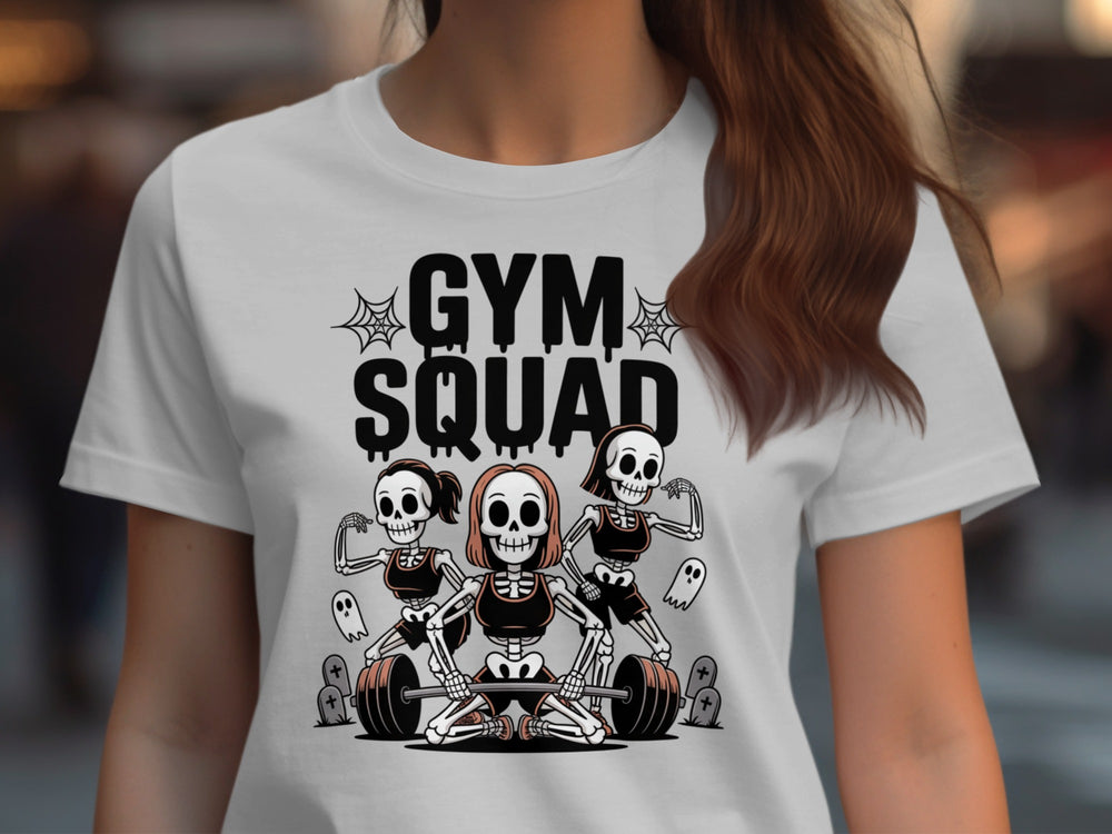 Halloween T-Shirt for Women with Gym Squad skeletons and barbell graphic