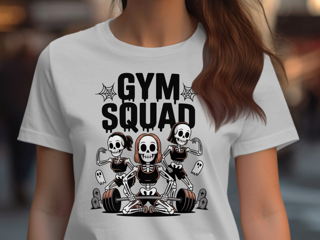 Halloween T-Shirt for Women with Gym Squad skeletons and barbell graphic