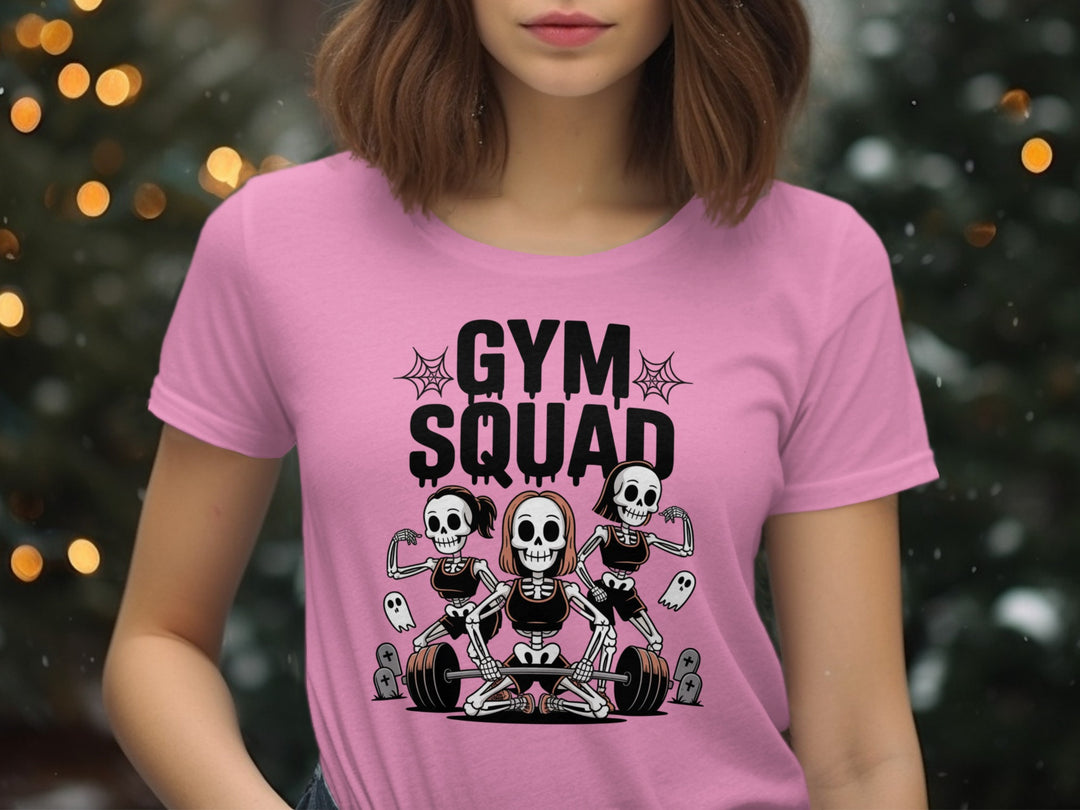 Halloween T-Shirt for Women with Gym Squad skeletons and barbell graphic