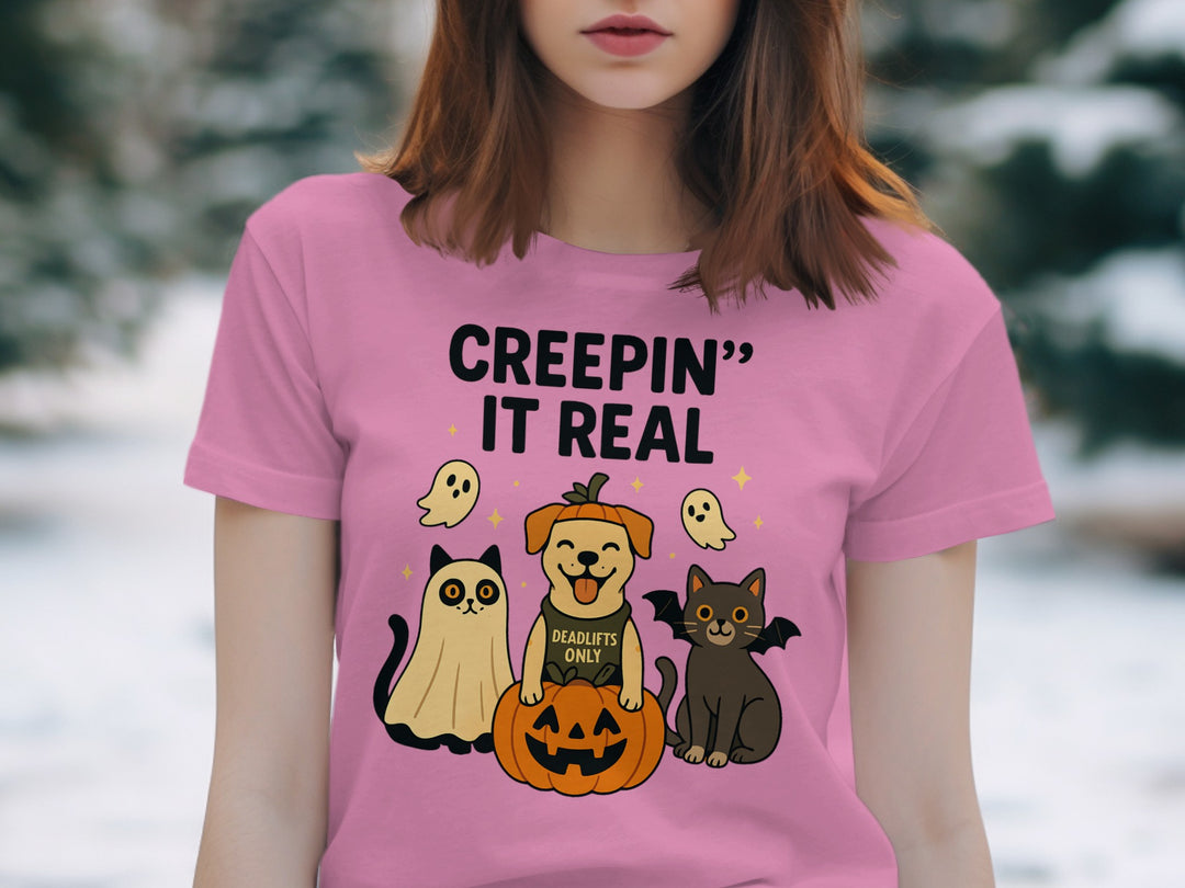 Halloween T-Shirt for Women with “Creepin’ It Real” pumpkin pup and cats graphic