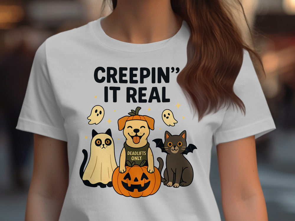Halloween T-Shirt for Women with “Creepin’ It Real” pumpkin pup and cats graphic