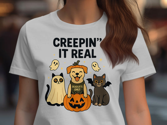 Halloween T-Shirt for Women with “Creepin’ It Real” pumpkin pup and cats graphic