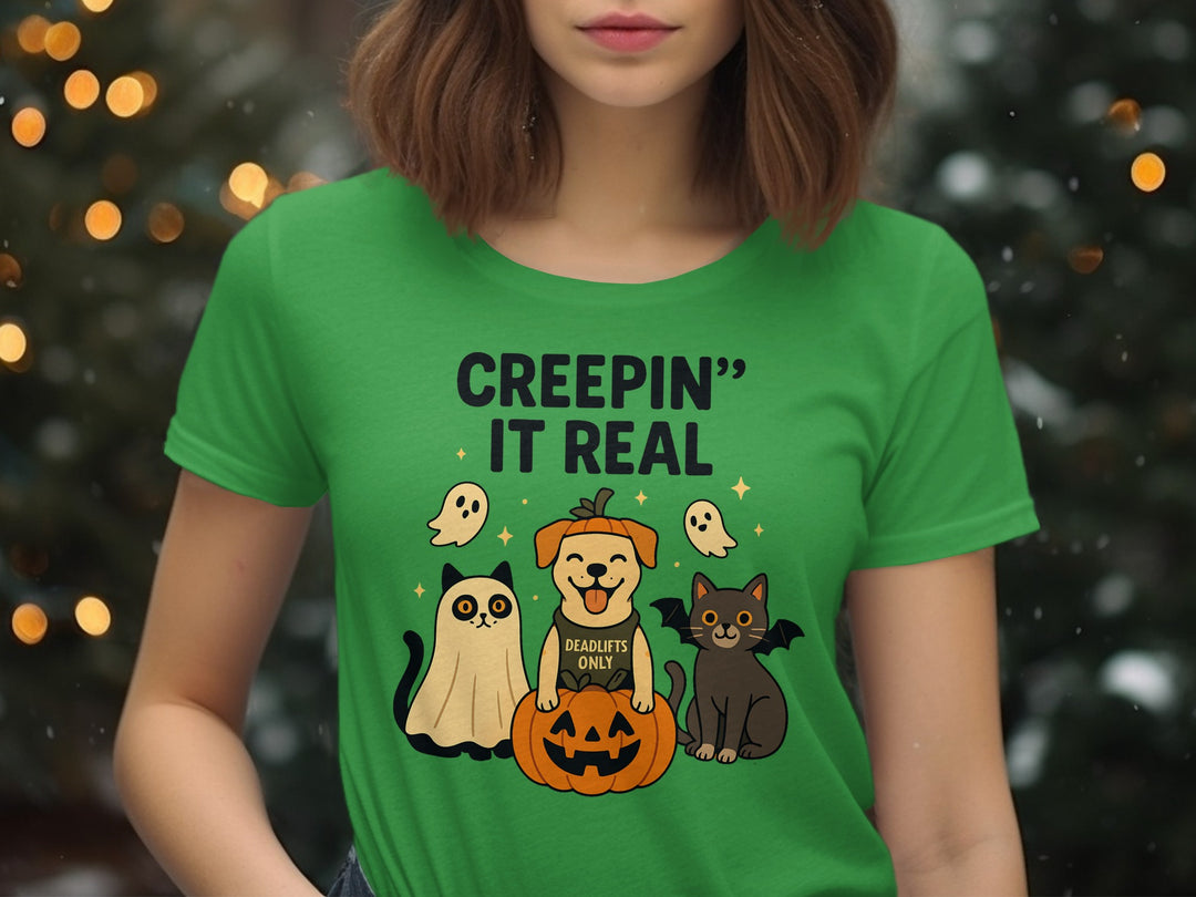 Halloween T-Shirt for Women with “Creepin’ It Real” pumpkin pup and cats graphic