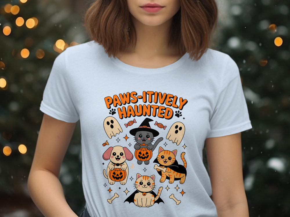 Women’s Halloween T-shirt with “Paws-itively Haunted” cats, dog, pumpkins and ghosts graphic