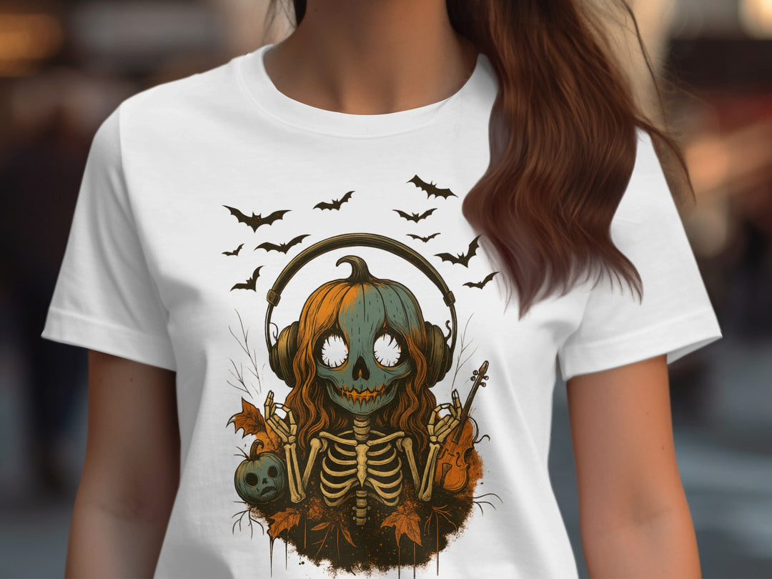 Women’s Halloween T-shirt with pumpkin skull in headphones, bats and violin graphic