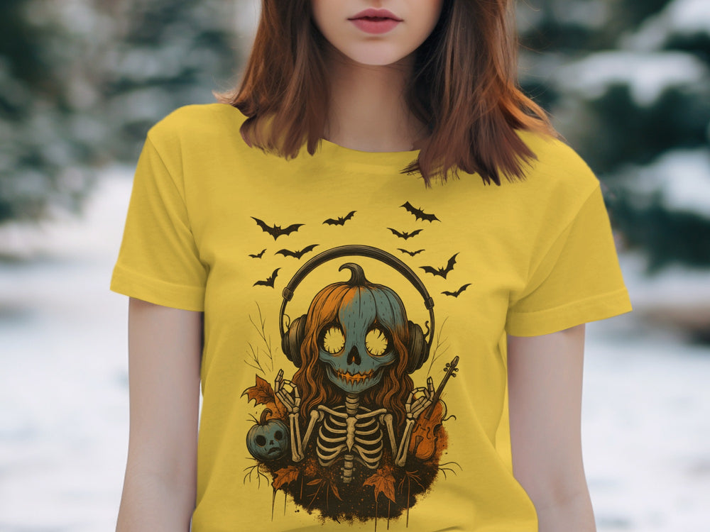Women’s Halloween T-shirt with pumpkin skull in headphones, bats and violin graphic