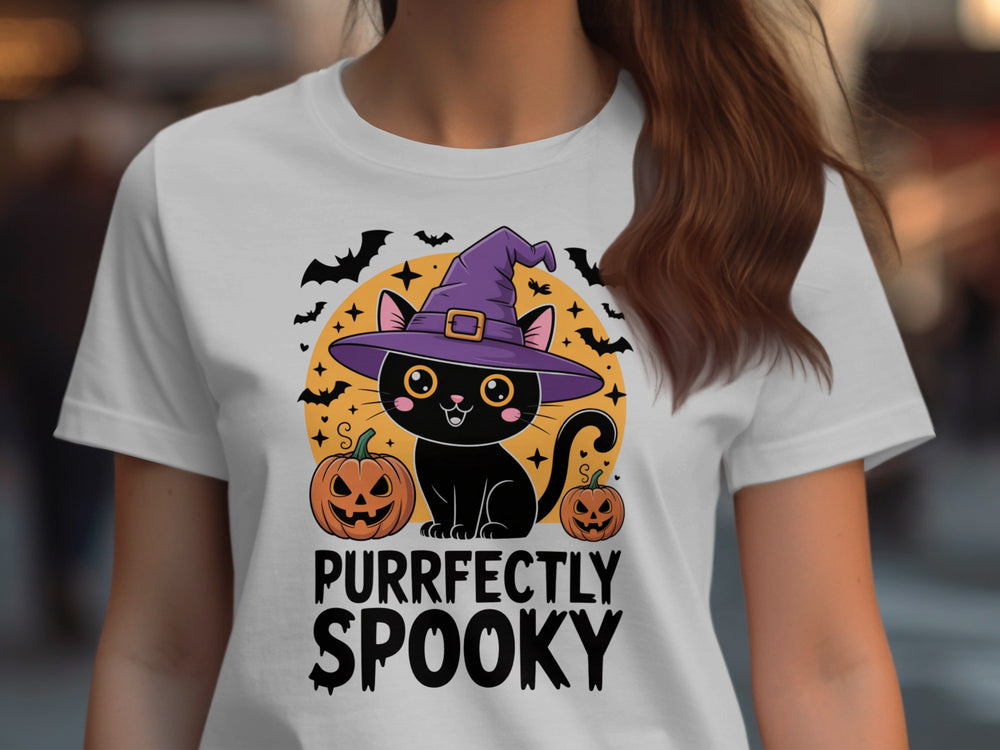 Women’s Halloween T-shirt with “Purrfectly Spooky” witch-hat black cat and pumpkins