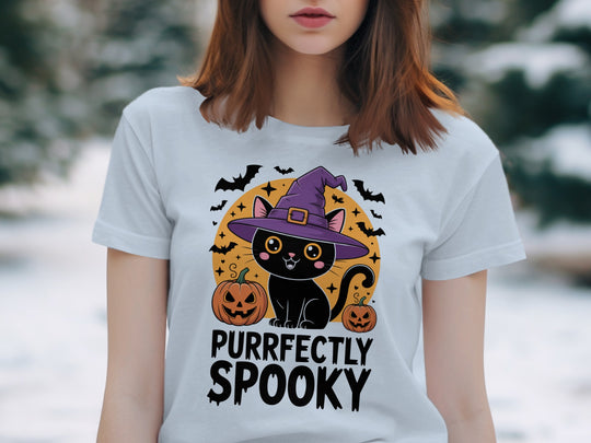 Women’s Halloween T-shirt with “Purrfectly Spooky” witch-hat black cat and pumpkins