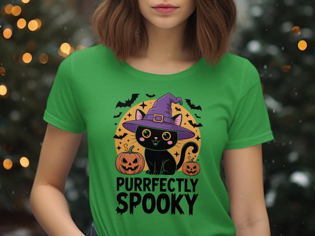 Women’s Halloween T-shirt with “Purrfectly Spooky” witch-hat black cat and pumpkins