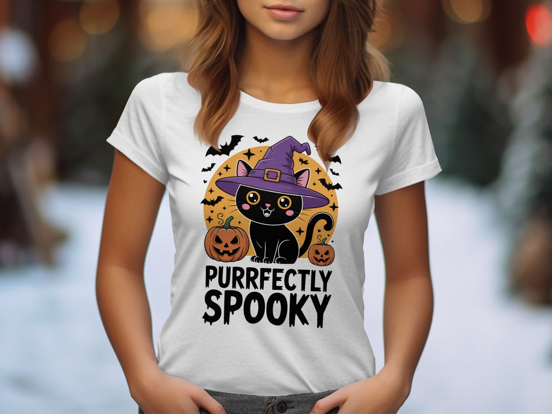 Women’s Halloween T-shirt with “Purrfectly Spooky” witch-hat black cat and pumpkins