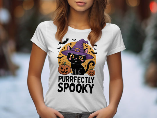 Women’s Halloween T-shirt with “Purrfectly Spooky” witch-hat black cat and pumpkins