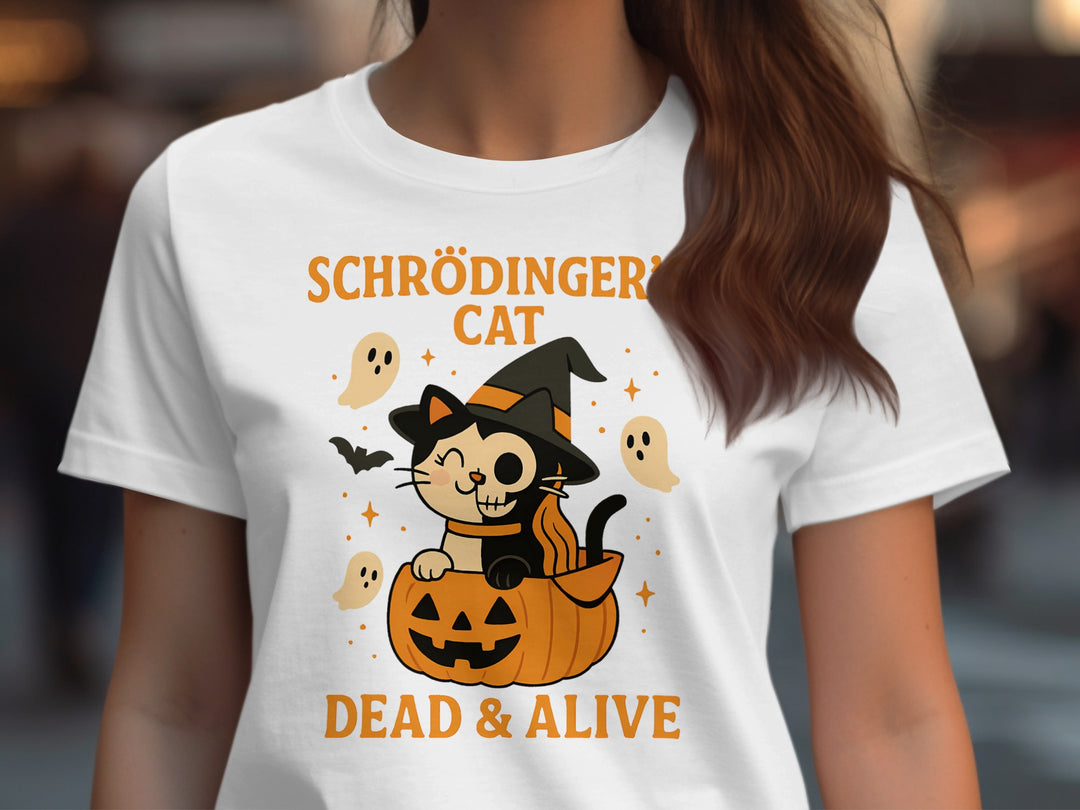 Women’s Halloween T-Shirt with Schrödinger’s Cat “Dead & Alive” pumpkin witch graphic