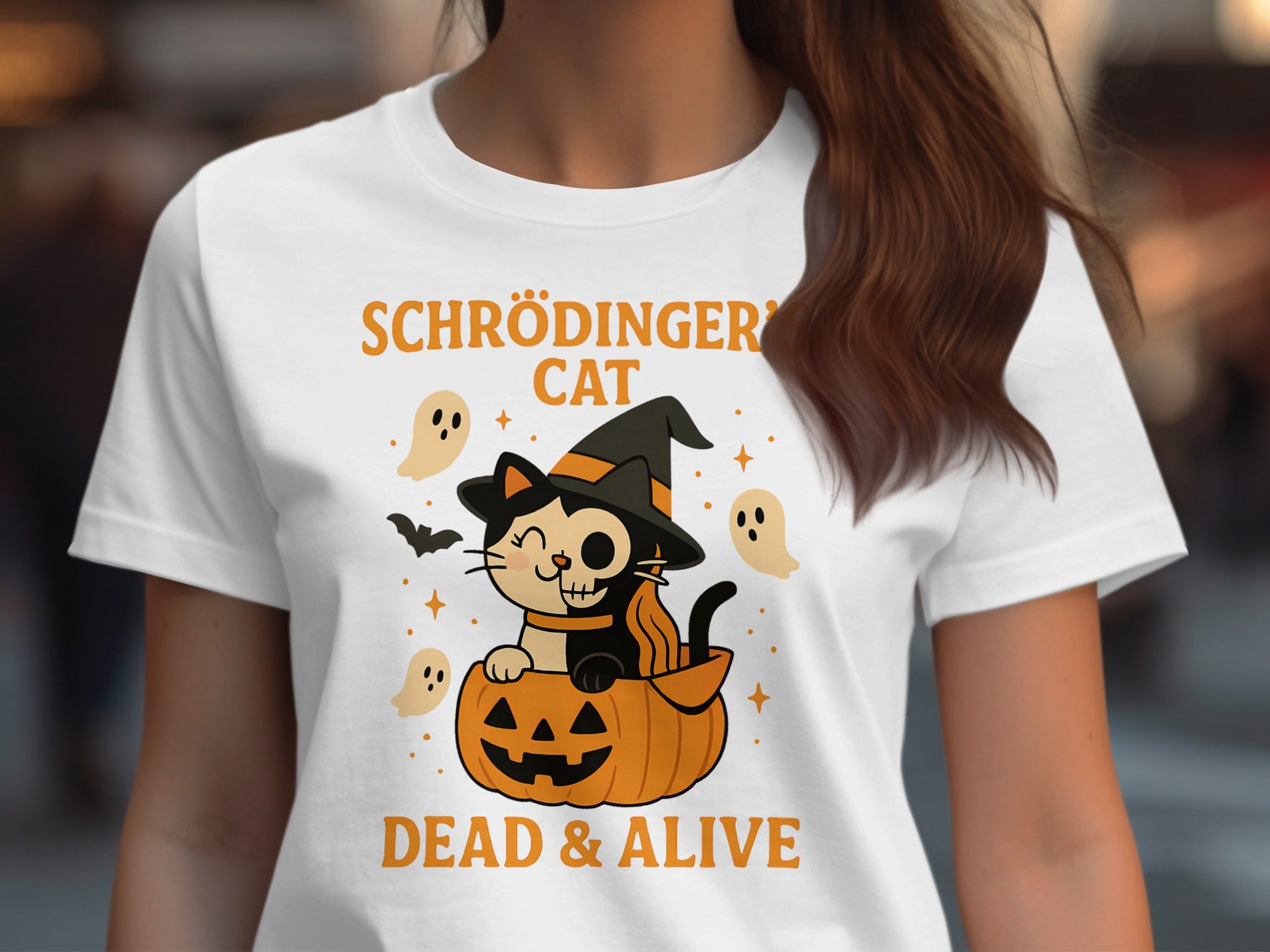 Women’s Halloween T-Shirt with Schrödinger’s Cat “Dead & Alive” pumpkin witch graphic