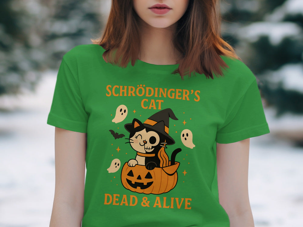 Women’s Halloween T-Shirt with Schrödinger’s Cat “Dead & Alive” pumpkin witch graphic
