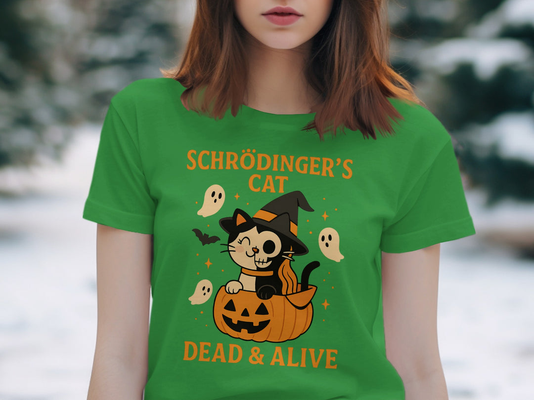 Women’s Halloween T-Shirt with Schrödinger’s Cat “Dead & Alive” pumpkin witch graphic