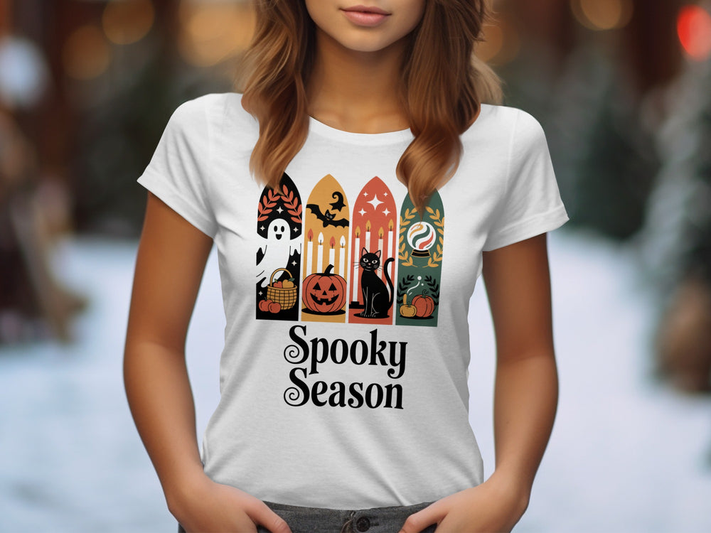 Women’s Halloween T-Shirt with paneled ghost, pumpkin, black cat and crystal ball