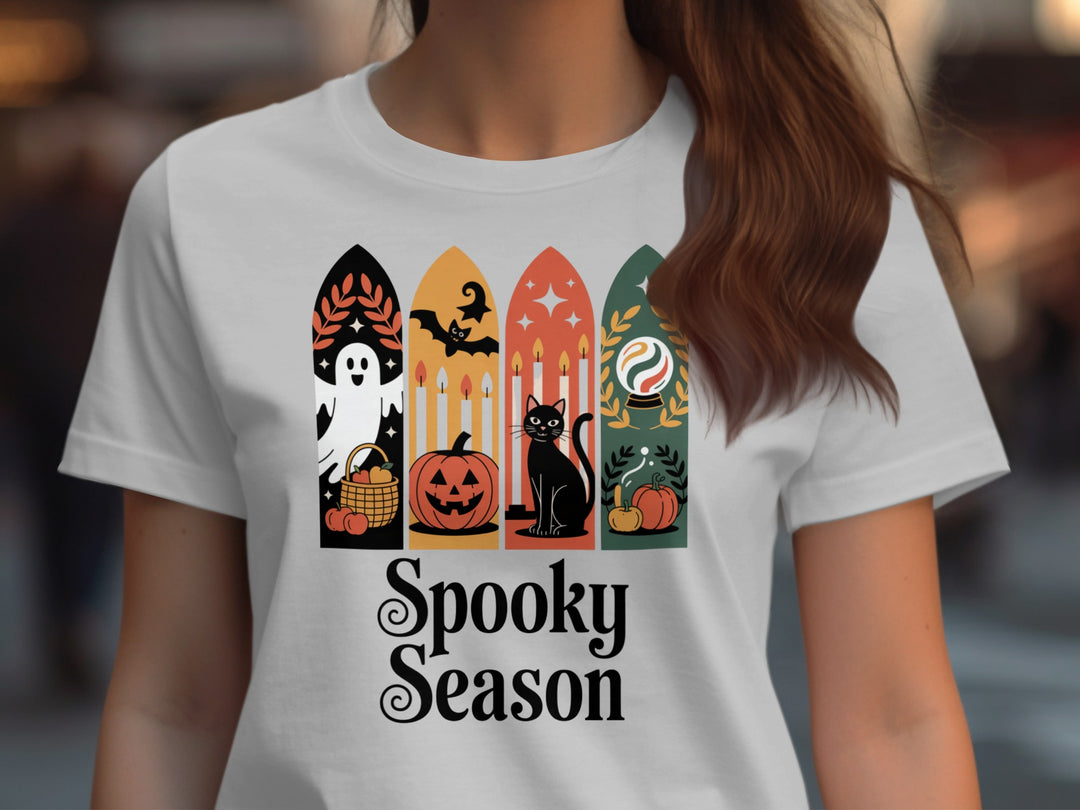 Women’s Halloween T-Shirt with paneled ghost, pumpkin, black cat and crystal ball