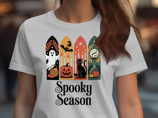 Women’s Halloween T-Shirt with paneled ghost, pumpkin, black cat and crystal ball